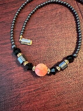 Vintage Style Statement Necklace Carved Peach Stone Black Beads Gold Tone Accent